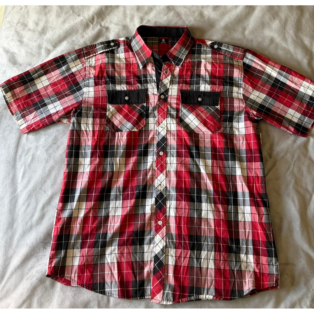 Red Ape Mens XL Red Black Plaid Short Sleeve Button Down Shirt with Epaulettes